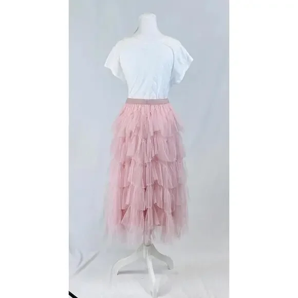 Cupshe Sz M Pink Tiered Tulle Balletcore Skirt Romantic Coquette Fairy Midi - Picture 2 of 7
